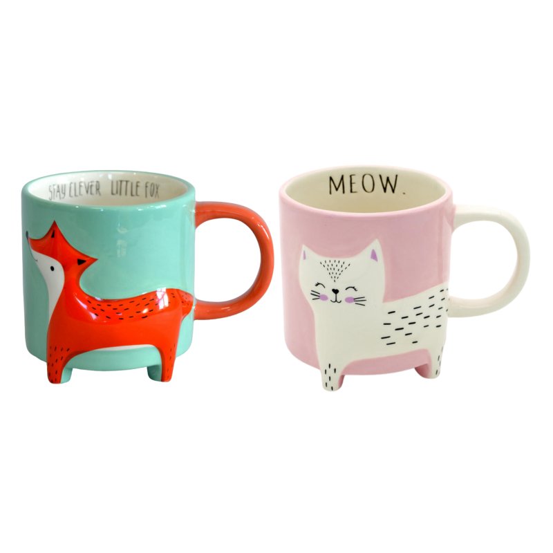 Winkee - Cute Animal Tassen | Niedliche Tiertassen 2er Misch Set Fuchs & Katze